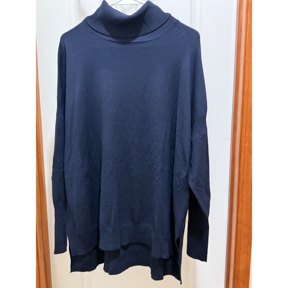 Cato Navy Blue Metallic Turtleneck Sweater XL Oversized High-Low Hem Knit